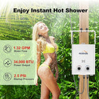 Hillhub Portable Propane Tankless 34,000BTU Water Heater, 1.32GPM Outdoor Shower Water Heater for Camping 5L, Anti-freezing Protection