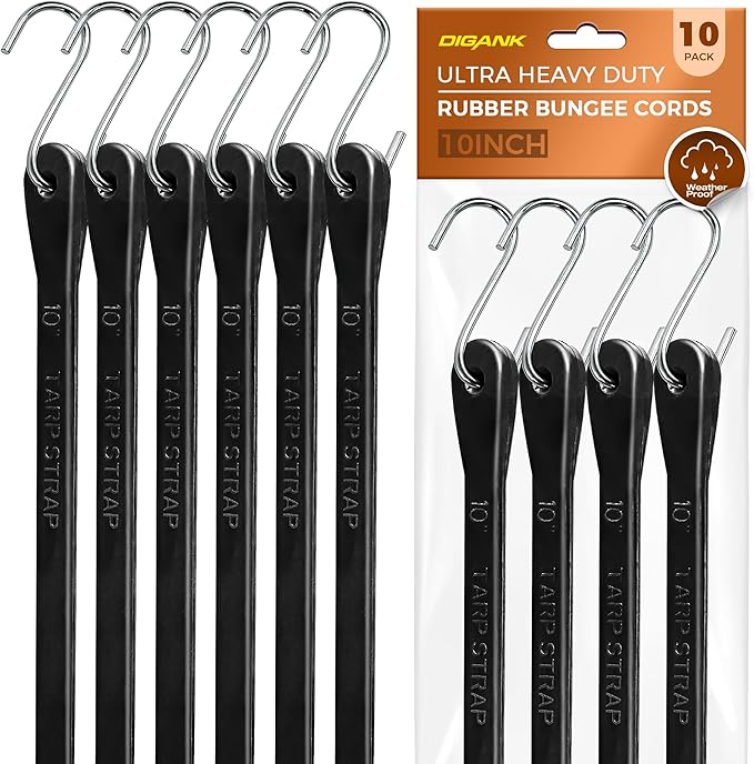 Small Bungee Cords with Hooks 10", Short Elastic EPDM Rubber Straps, 10 Pack Mini Bungee Tie Downs for Bike Accessories, Tool Bags, Car Gear, Wire & Pipe Organization, 180 lbs Load