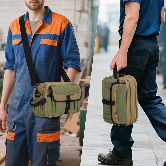 Small Canvas Tool Pouch with Zipper, 12 Inch Tool Organizer Bag, Double Layer Utility Storage Bag with Shoulder Strap for Electrician, Khaki/Green (Empty Bag)