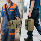 Small Canvas Tool Pouch with Zipper, 12 Inch Tool Organizer Bag, Double Layer Utility Storage Bag with Shoulder Strap for Electrician, Khaki/Green (Empty Bag)