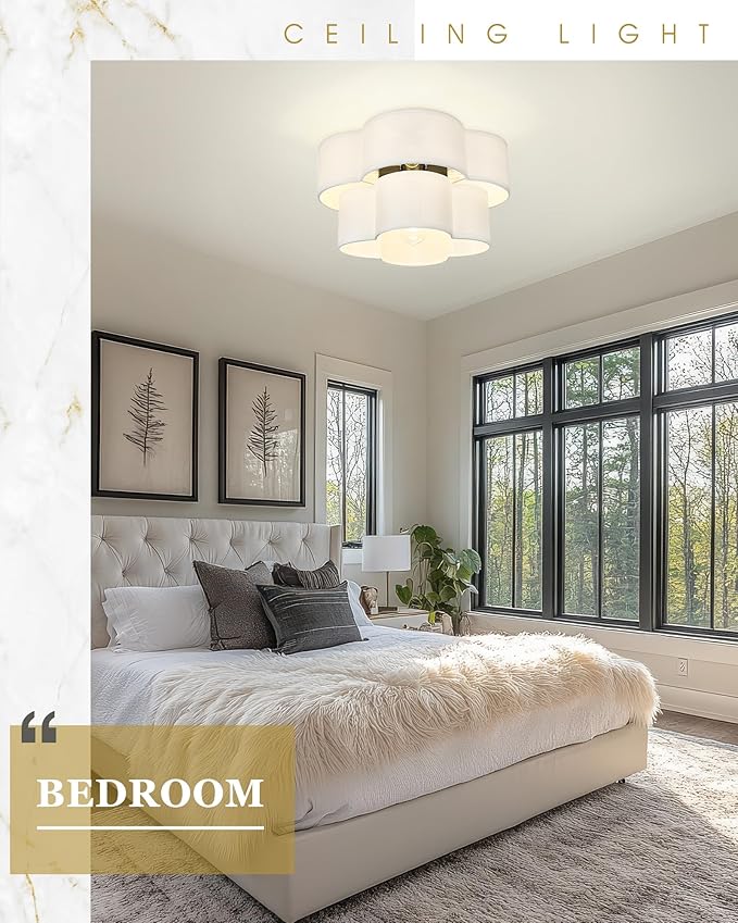 Black Semi Flush Mount Ceiling Lights, 5-Light 18" Ceiling Light Fixtures with Double Fabric Shade in Quatrefoil Shape, Drum Light for Nursery Bedroom, AD-22007-5SF-BK