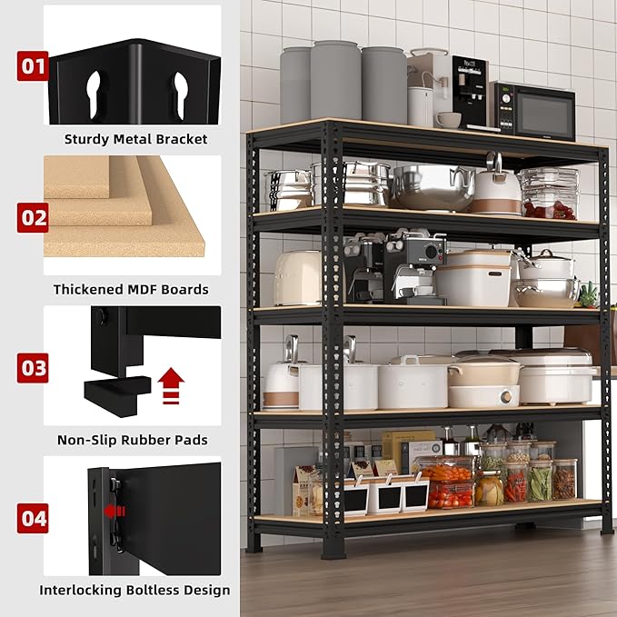 5-Shelf Heavy Duty Shelving - Adjustable Garage Storage Shelves, Metal Utility Storage Racks for Warehouse Pantry Basement Kitchen, Garage Organizers Shef Unit, Black, Packs of 2