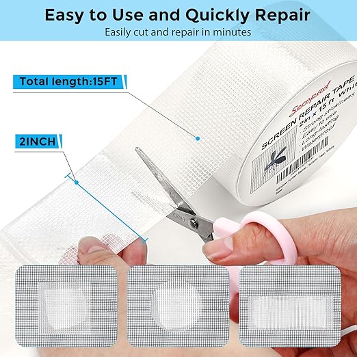 White Window Screen Repair Tape, 2 in X 15 FT (360IN) Screen Repair Kit for Windows or Doors, Strong Adhesive Screen Patch Fiberglass Screen Tape Mesh Repair
