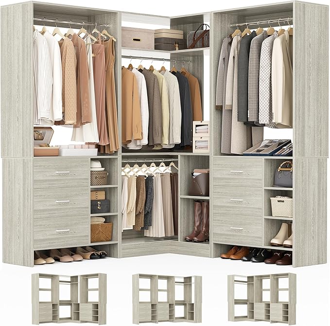 Aheaplus Closet System with 6 Drawers, 4 Hanging Rods & Corner Tower, Corner Closet System with Hanging,92.6" L-Shaped Walk-In Wardrobe Organizer, 2000+ lbs Capacity, Set of 3, White Oak