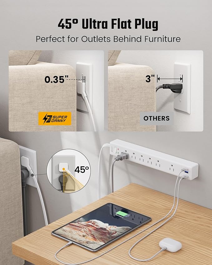 15Ft Long Extension Cord, SUPERDANNY Surge Protector Power Strip with 6 Outlets & 3 USB Ports, Flat Plug Power Strip Wall Mountable, Desk Charging Station for Home Office, College Dorm Room Essentials