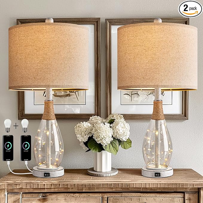 OYEARS 23" Table Lamps for Living Room Set of 2 Bedside Lamps for Night Stands Bedroom Lamps Farmhouse Rattan Boho Lamp Glass Nightlight End Table Lamp with USB C+A (White),Two Light Points
