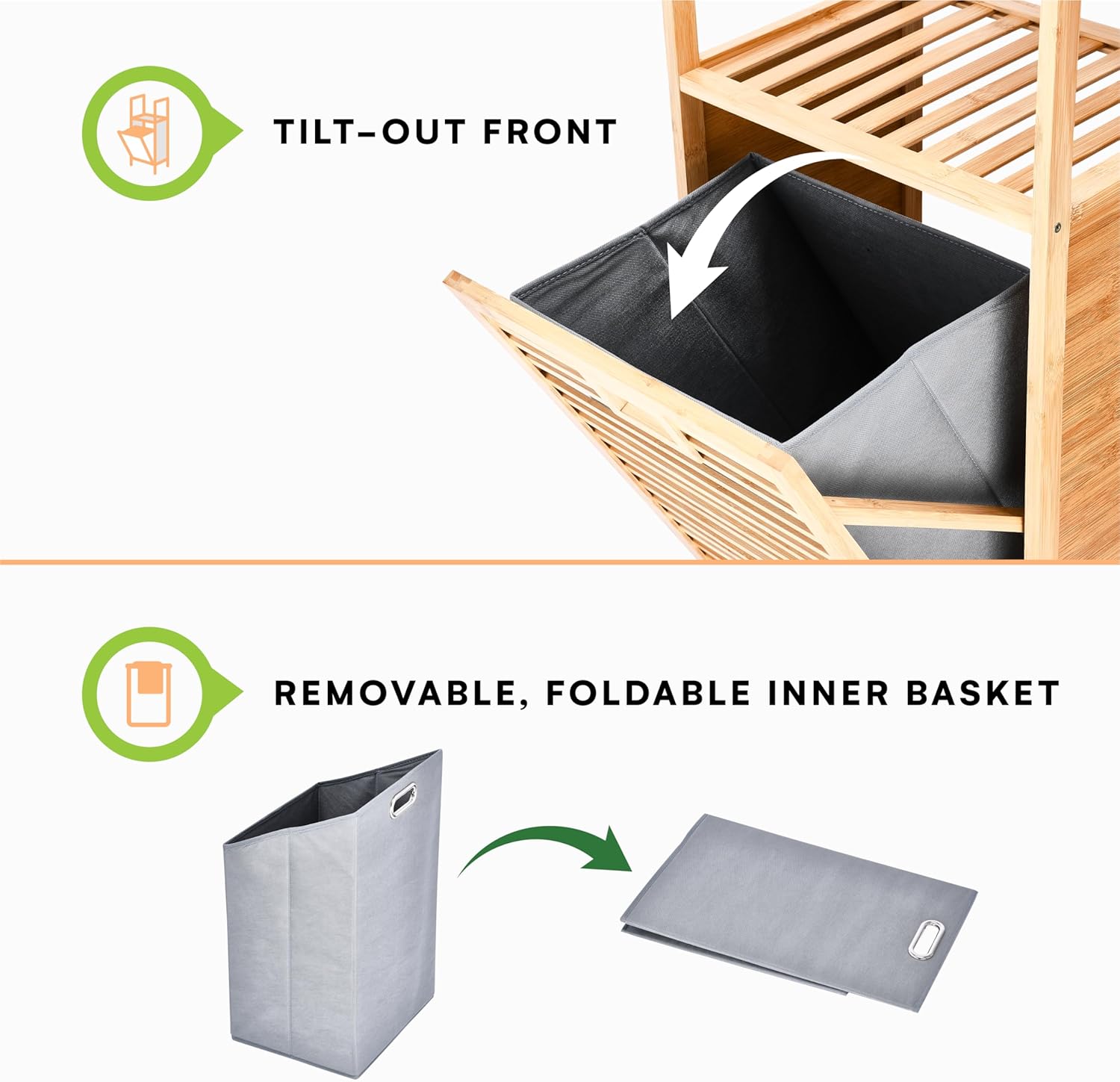Prosumer’s Choice Bamboo Tilt-Out Laundry Hamper with 2-Tier Storage Shelves – Freestanding Clothes Hamper with Removable Liner, Space-Saving Design for Bathroom or Bedroom – 15.5”L x 11.8”W x 37.4”H