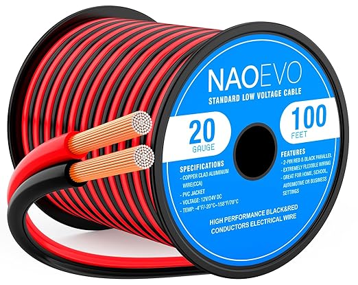 NAOEVO 20 Gauge Wire 100FT, 2 Conductors Electrical Wire Red Black Cable, Flexible/Low Voltage/PVC 20 AWG Copper Clad Aluminum Extension Cord for Speaker, LED Strips, Automotive 12V/24V DC