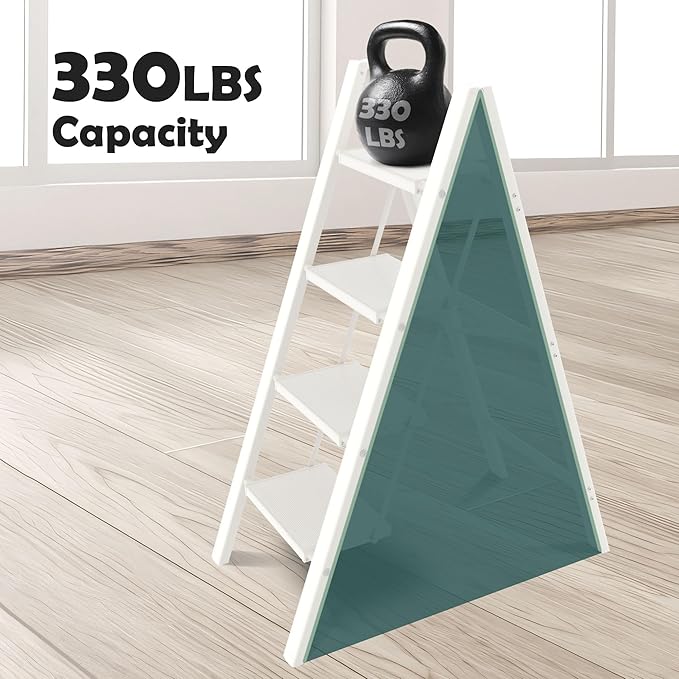 Taranta 4 Step Ladder,Aluminum Lightweight Folding 4 Step Stool with Anti-Slip Wide Pedal,330lbs Capacity Step Ladder for Household,Kitchen,Office - White