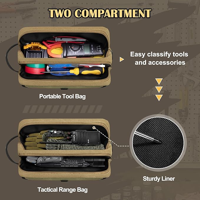 Small Canvas Tool Pouch with Zipper, 12 Inch Tool Organizer Bag, Double Layer Utility Storage Bag with Shoulder Strap for Electrician, Khaki/Green (Empty Bag)