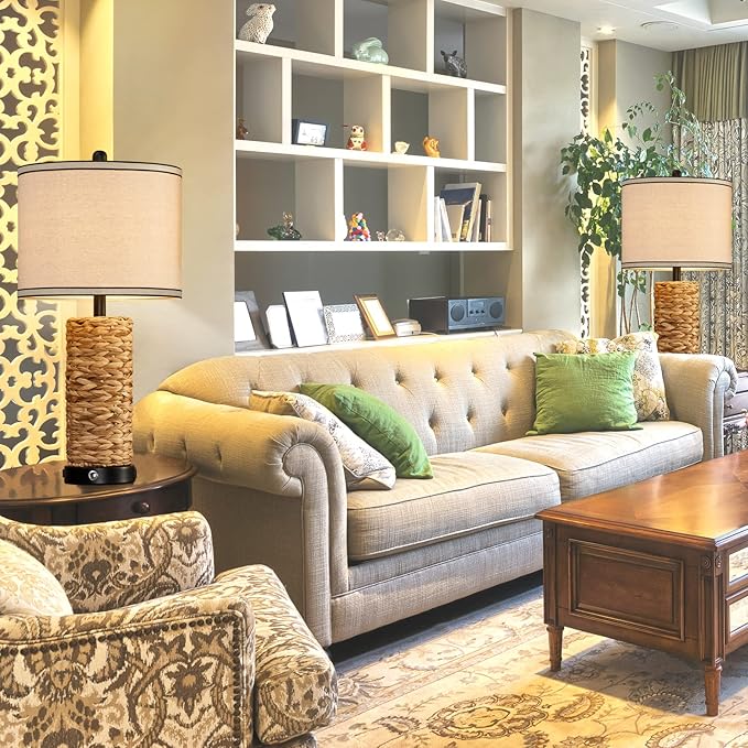 GyroVu Rattan Table Lamp Set of 2, Wicker Lamps, 3 Way Dimmable Touch Seagrass Table lamp with 2 USB Ports and 1 AC Outlet for Bedroom Nightstand Table, Livingroom End Table, Bulbs Include