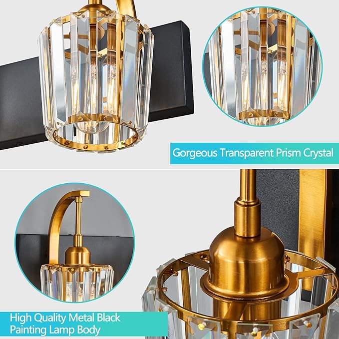 Modern Bathroom Vanity Light, 3-Light Black Gold Wall Sconce with Crystal Accents, Over Mirror Bathroom Lighting Fixture, 23.62" Long Dimmable Vanity Lamp for Makeup, Easy Installation