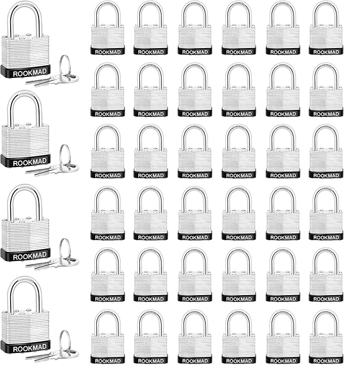Keyed Padlocks, Laminated Steel Padlock, Keyed Alike Locks with Same Keys, PE Plastic Hoop, The Lead Content of This Pad Lock complies with CA65, 40 Pack