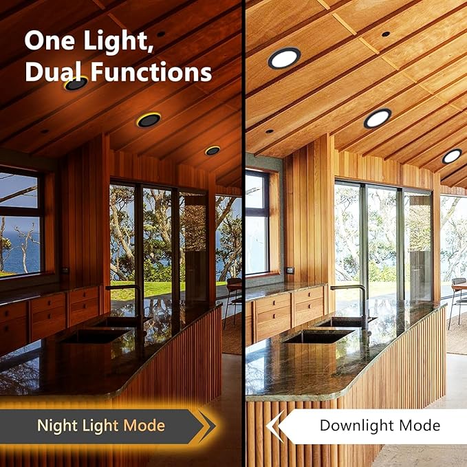 CycevSun Black Recessed Lights 6 Inch with Night Light 16 Pack, Dimmable & 5 Color Selectable, Canless Ultra Thin Wafer Downlight Indoor Outdoor Exterior Soffit, 12W, ETL Listed
