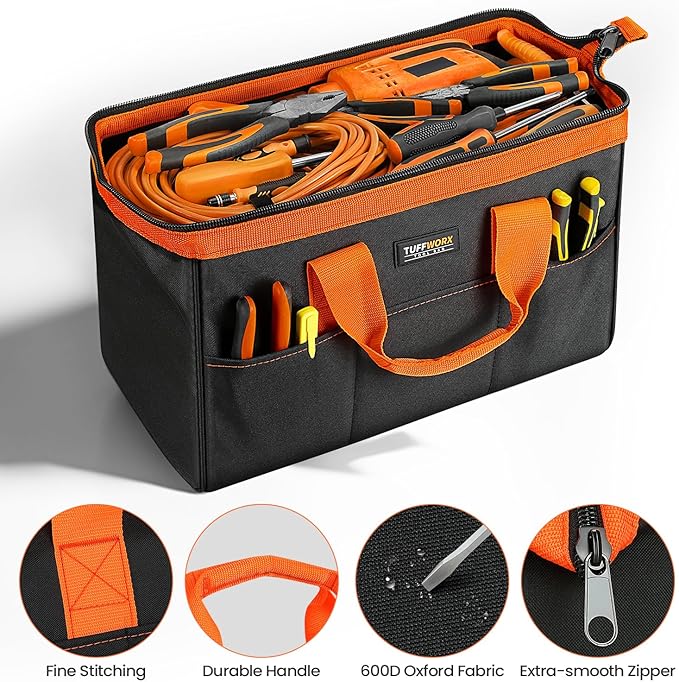 Wide Mouth Tool Bag, Heavy Duty Tool Bags for Men, 12-Pocket Portable Empty Tool Box Organizer Storage for Mechanic, Electrician, 17.3 inch, 600D Oxford, Orange