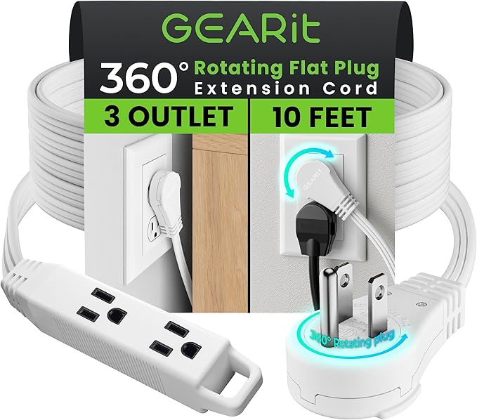 GEARit 360 Rotating Flat Plug Extension Cord (10ft, White) Multi 3-Outlet Extension 16 AWG Wire, Adapter for Small Spaces, Right Angle Socket, ETL Certified - 10 Feet