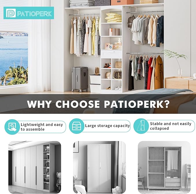 Closet System With Drawers - 6 Partition Storage, Closet Organizer System With 3 Expandable Hanging Rods, Walk-In Closets Wardrobe Clothes Garment Rack For Bedroom