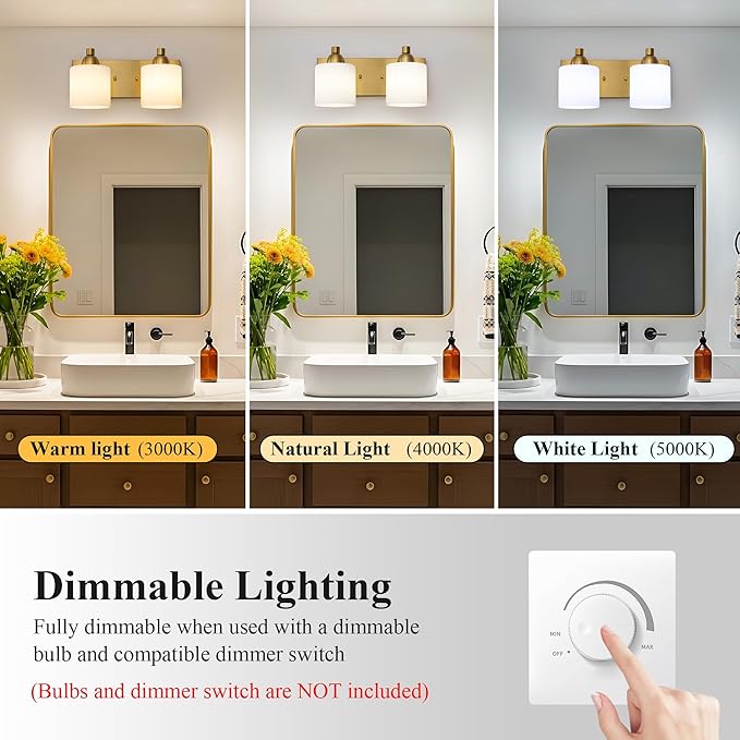 Stainless Steel Milk Glass Vanity Lights for Bathroom, 2 Light Gold Bathroom Light Fixtures Over Mirror, Ceramic E26 Sockets Wall Mounted