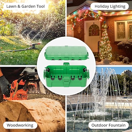 QUOBAS Outdoor Waterproof Electrical Box with 6 Cable Ports, IP54 Weatherproof Heavy-Duty Extension Cord Cover for Power Strips, Garden Power Tools, Holiday Lights, Green