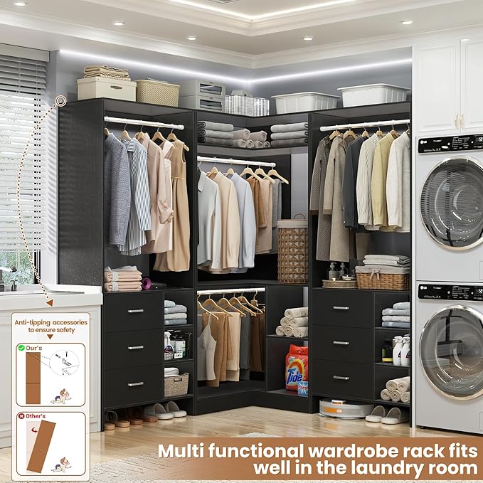 Aheaplus Closet System with 6 Drawers, 4 Hanging Rods & Corner Tower, Corner Closet System with Hanging,92.6" L-Shaped Walk-In Wardrobe Organizer, 2000+ lbs Capacity, Set of 3, Black