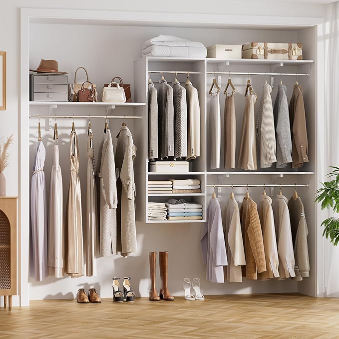 Cyclysio 96 Inch Closet Organizers and Storage, 8 FT Hanging Closet Organizer with 4 Adjustable Rods, Wardrobe Organizers with 3 Shelving Towers for 4-8FT Spaces(Cut-to-Fit), White