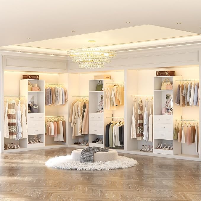 Unikito 48" W - 96” W Closet Organizer, 8FT Walk in Closet Systems Starter Kit with 25” Tower and 3 Extendable Hanging Rods, Sturdy Wood Garment Rack with 4 Drawers and Mirror, Max Load 1000 LBS White