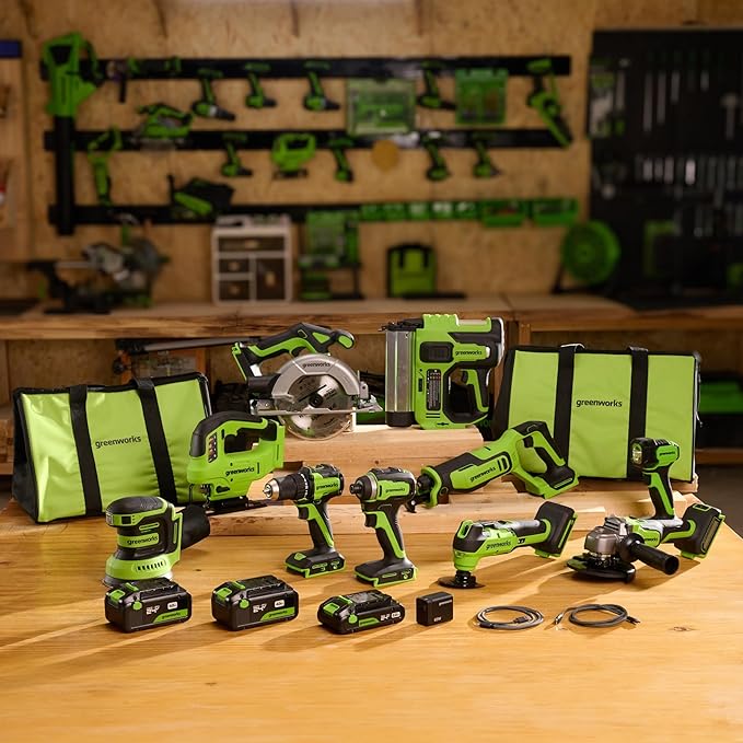 Greenworks 24V Brushless 10PC Power Tool Combo, Drill+Impact Driver+Circular Saw+Recip Saw+Jig Saw+Sander+Light+Multi-Tool+Nailer+Grinder (2) 4.0Ah+2.0Ah Batteries (24,000mAh Power Bank) USB-C Charger