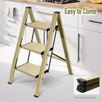 3 Step Ladder,Aluminum Folding Step Stool for Adults,Step Ladder with Wide Anti-Slip Pedal,330 lbs Capacity for Home,Office,Kitchen,Library(Gold)