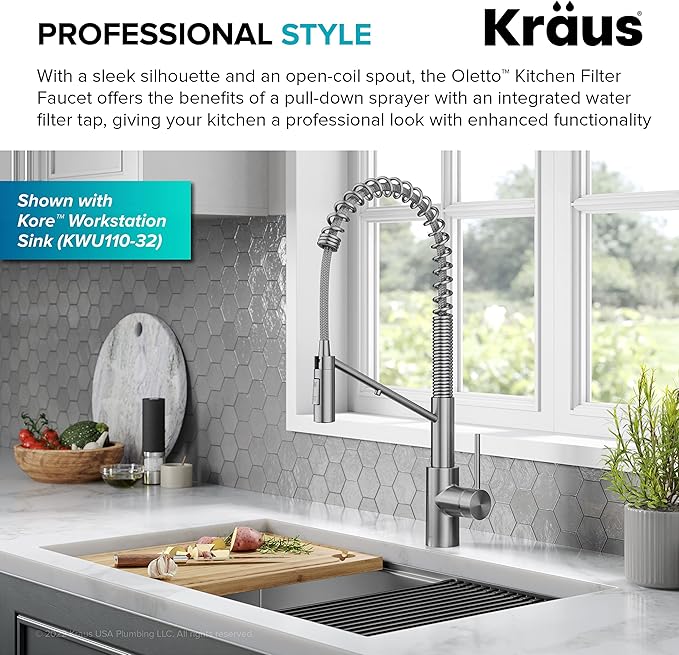 KRAUS Oletto 2-in-1 Commercial Style Pull-Down Single Handle Water Filter Kitchen Faucet for Reverse Osmosis or Water Filtration System in Spot-Free Stainless Steel, KFF-2631SFS