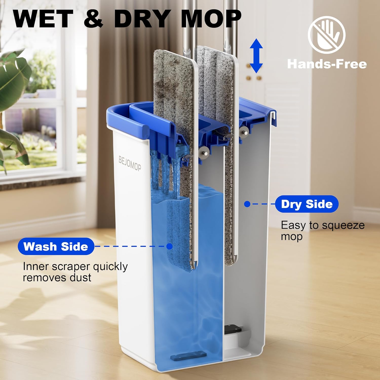 Mop and Bucket Set with Wringer, Squeeze Wall Mop Cleaner with Long Handle, Flat Mop and Bucket System, Dry & Wet Dust Mop for Household Floor Cleaning with 3 Microfiber Mops, Slate Blue