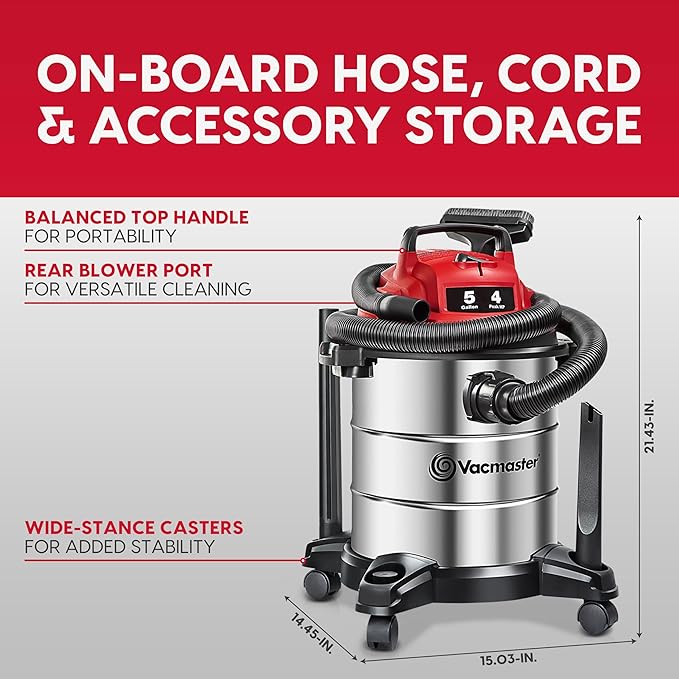 Vacmaster 5-Gallon* 4 Peak HP Stainless Steel Wet/Dry Vacuum – VOC508S 1101