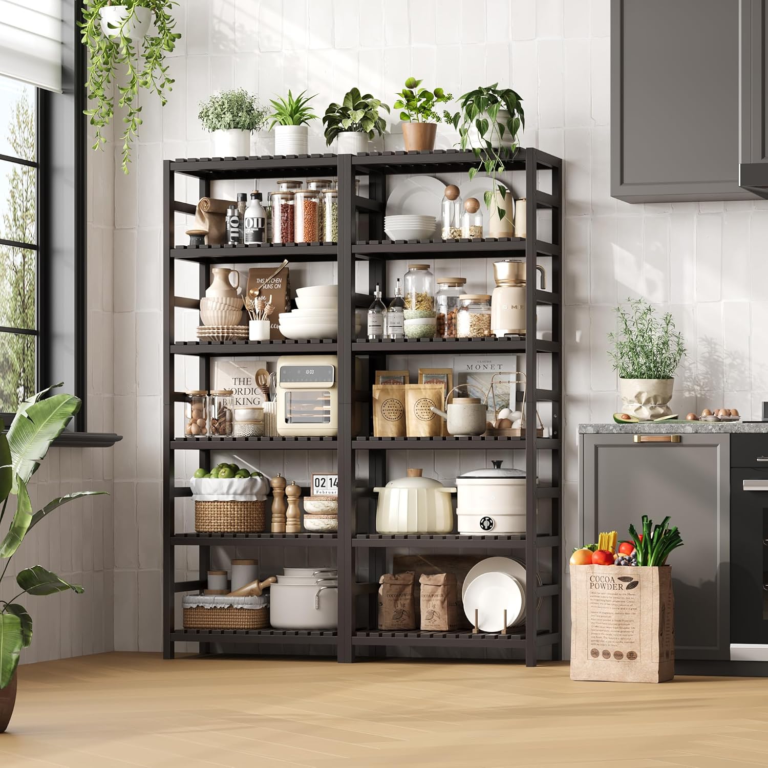 FOTOSOK 6-Tier Bamboo Shelf Set of 2, Bamboo Bookcase with Adjustable Shelves, Free Standing Storage Shelf Unit and Plant Flower Stand, Tall Large Bookshelf for Kitchen, Bathroom, Home Office, Vintage