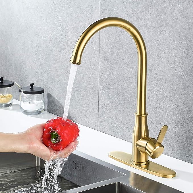 Brushed Gold Kitchen Faucet ，Modern High Arc Bar Sink Faucet ，Commercial Stainless Steel Kitchen Sink Faucet One Hole with Deck (Brushed Gold)