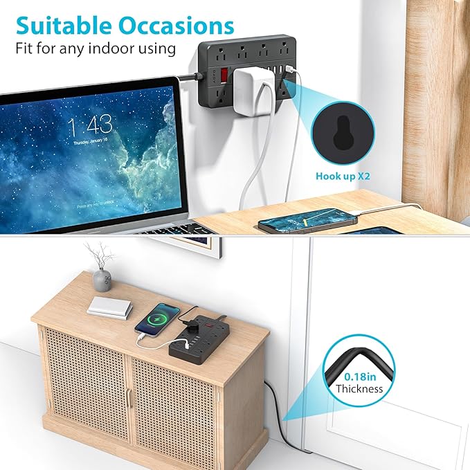 Surge Protector Flat Extension Cord Flat Plug Power Strip, AOFO 8 Widely Spaced Outlets and 6 USB Charger(1 USB C Port), 5 Ft, for Travel, Office, School, Dorm Room Essentials, Black