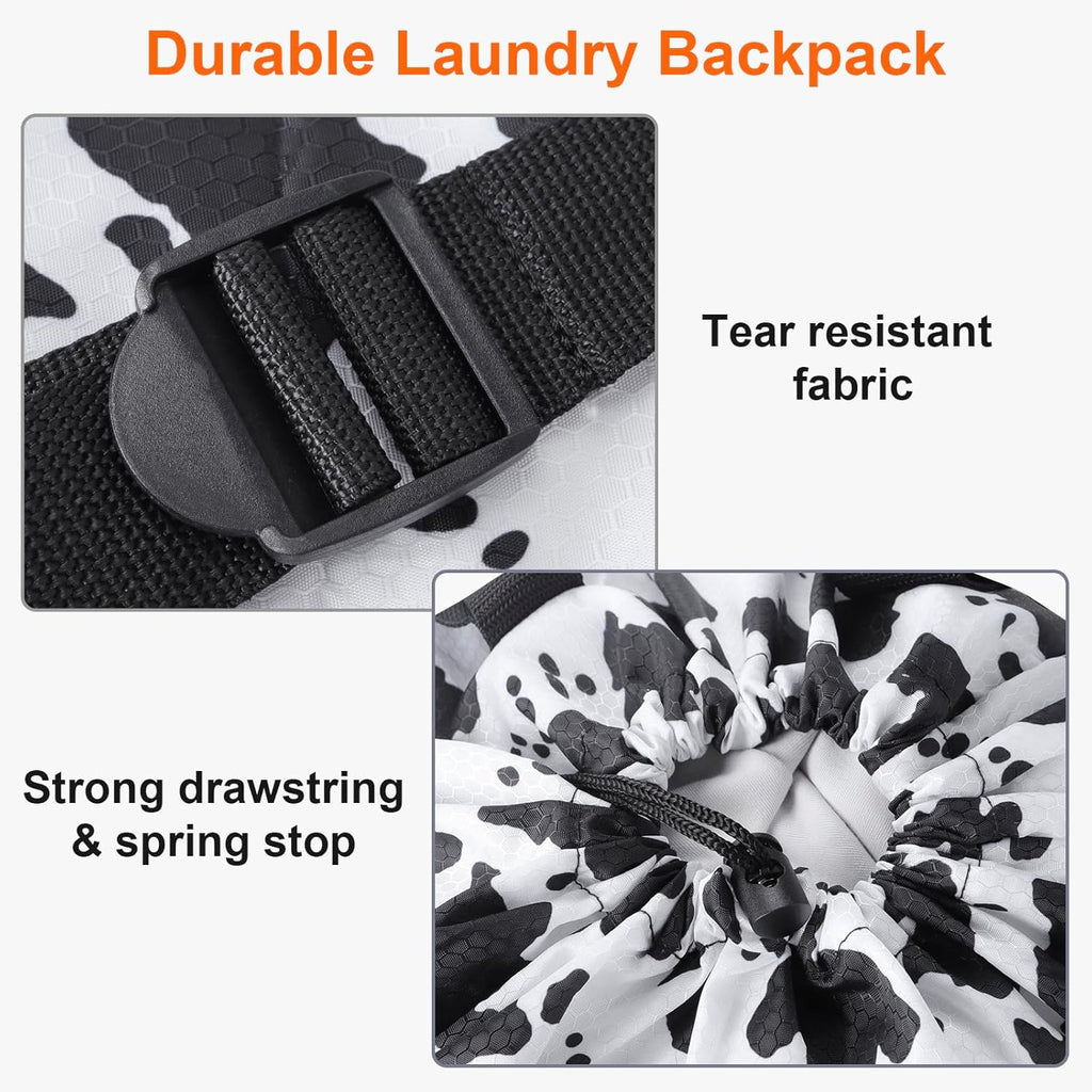 Femuar Laundry Bag Backpack Durable Laundry Bag with Shoulder Straps and Mesh Pockets Portable Laundry Dirty Clothes Hamper Bag for College Dorm (Cow Print)