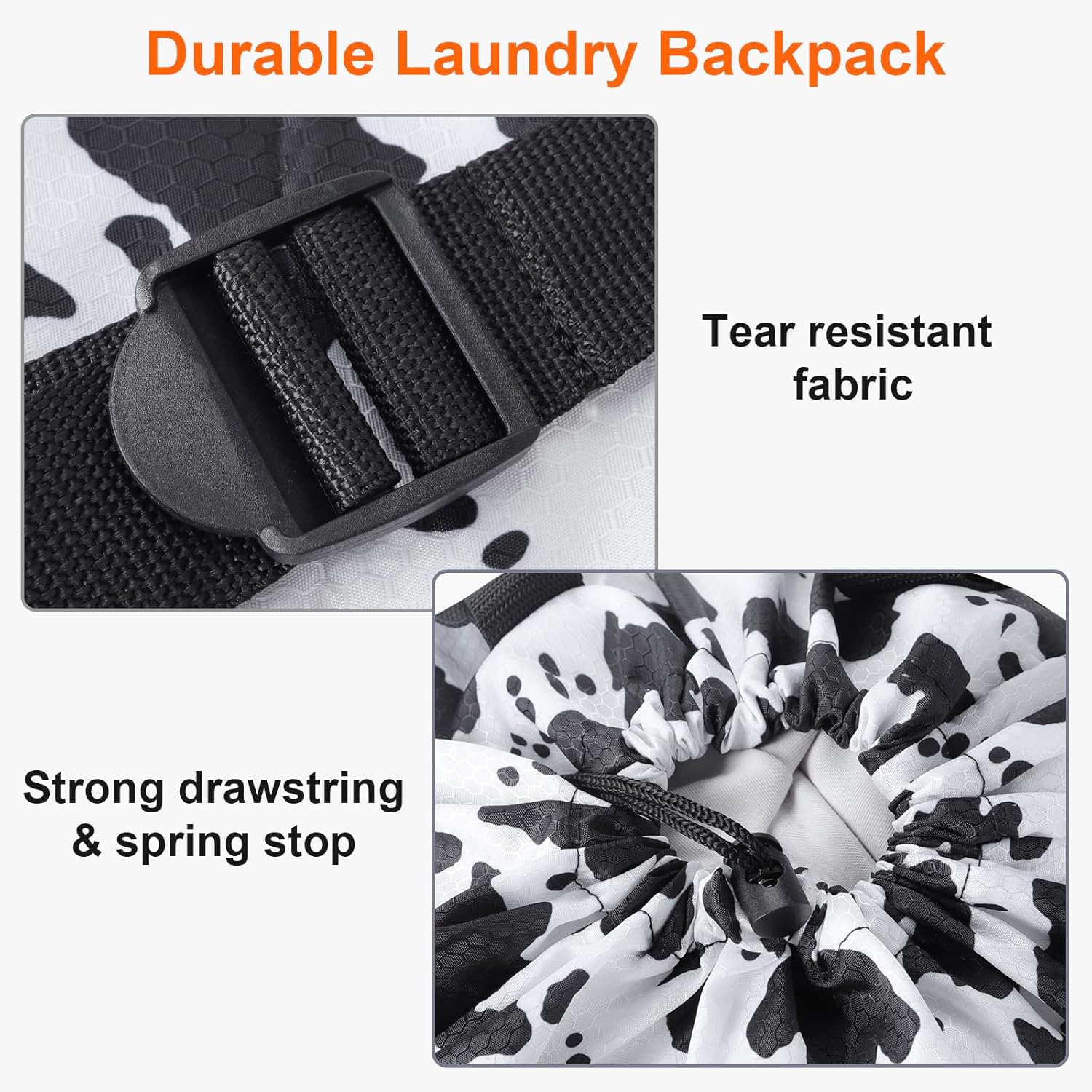 Femuar Laundry Bag Backpack Durable Laundry Bag with Shoulder Straps and Mesh Pockets Portable Laundry Dirty Clothes Hamper Bag for College Dorm (Cow Print)