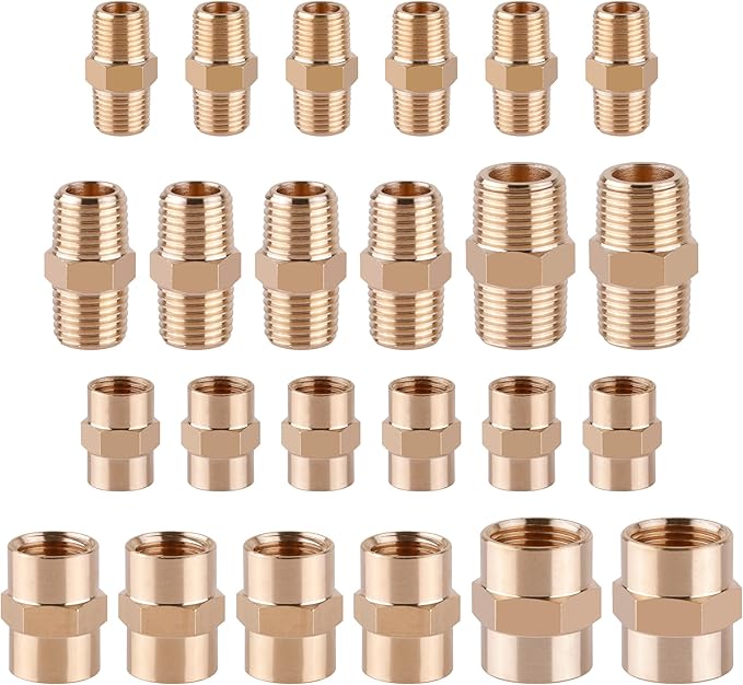 KOOTANS 24PCS Brass Pipe Fittings Brass Hex Nipple Hex Coupling Kit 1/8" to 1/8" NPT, 1/4" to 1/4" NPT, 3/8" to 3/8" NPT Male to Male Female to Female Adapter Pipe Fitting Connector