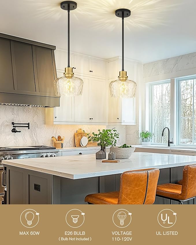 Emak Modern 8 Inch Pendant Lights Kitchen Island, Black and Gold Pendant Light Fixtures with Hammered Glass Shade, Farmhouse Island Lights for Kitchen, Dining Room, Bathroom, PL122-BKBGD-HG