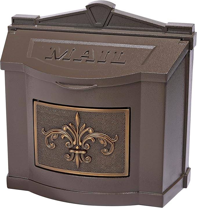 Gaines Wallmount Mailbox - Powder Coated Aluminum with Solid Brass Accents - Mounting Hardware Included (Bronze with Antique Bronze Fleur De Lis)
