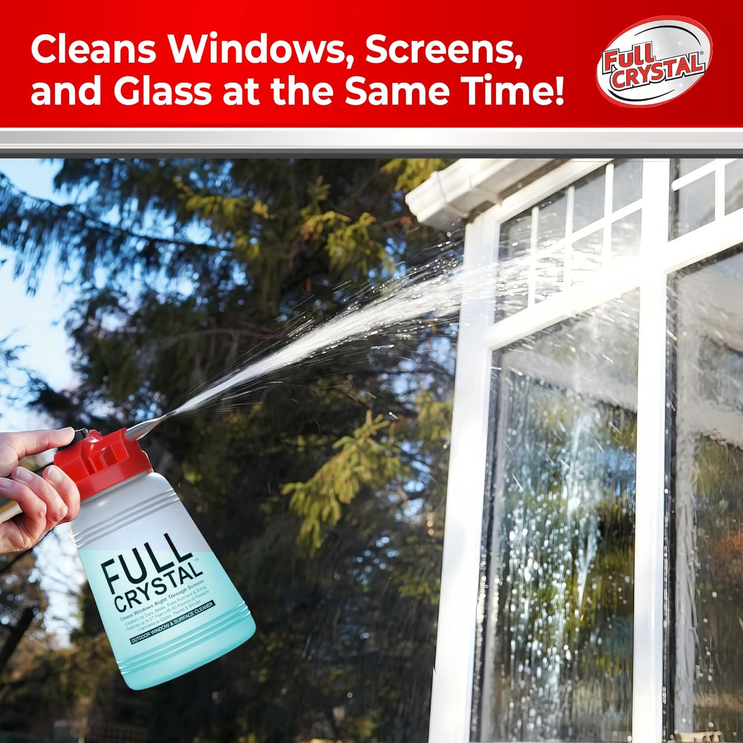 Full Crystal Window Cleaning Kit- 8 oz Glass Cleaner and Bottle with 27ft Reach will clean up to 40 Windows- Scrub Free, Rinse Free Glass Cleaner Spray Removes Dirt, Grime and Water Deposits