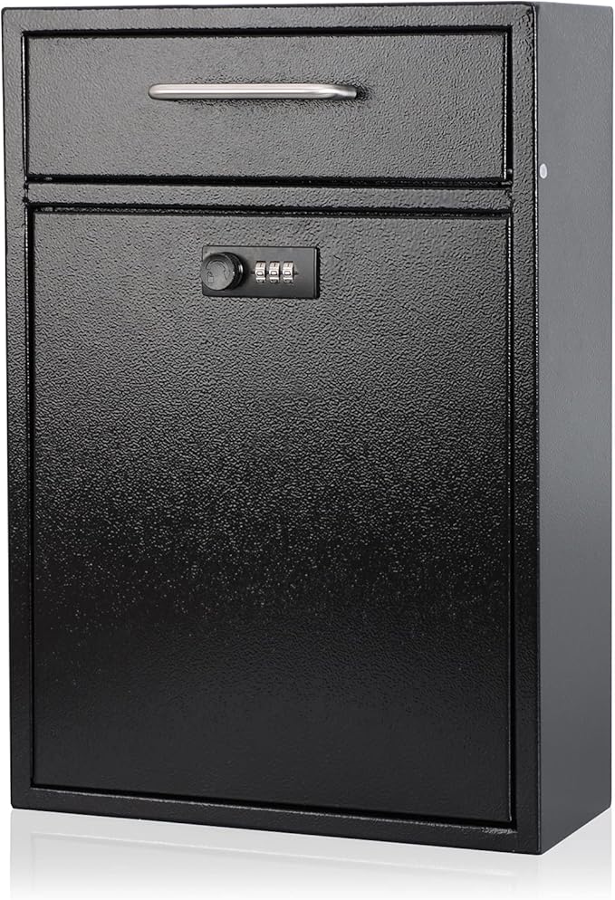 KYODOLED Steel Combination Lock Mail Boxes Outdoor, Locking Wall Mount Mailbox,Security Lock Drop Box, Collection Boxes,16.2H x 11.22L x 4.72W Inches, Black X Large