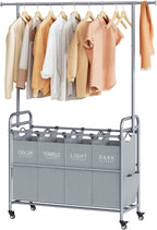 Tajsoon Laundry Sorter with Hanging Bar, 4 Section Rolling Laundry Hamper with Heavy Duty Lockable Wheels, Laundry Sorter Cart for Bathroom & Bedroom, Gray