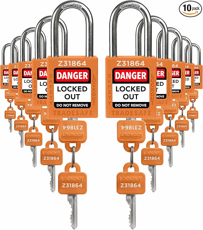 TRADESAFE Lockout Tagout Locks Set - 10 Orange Keyed Alike Padlocks, 2 Keys Per Lock, OSHA Compliant Loto Locks for Lock Out Tag Out Stations, Premium Grade