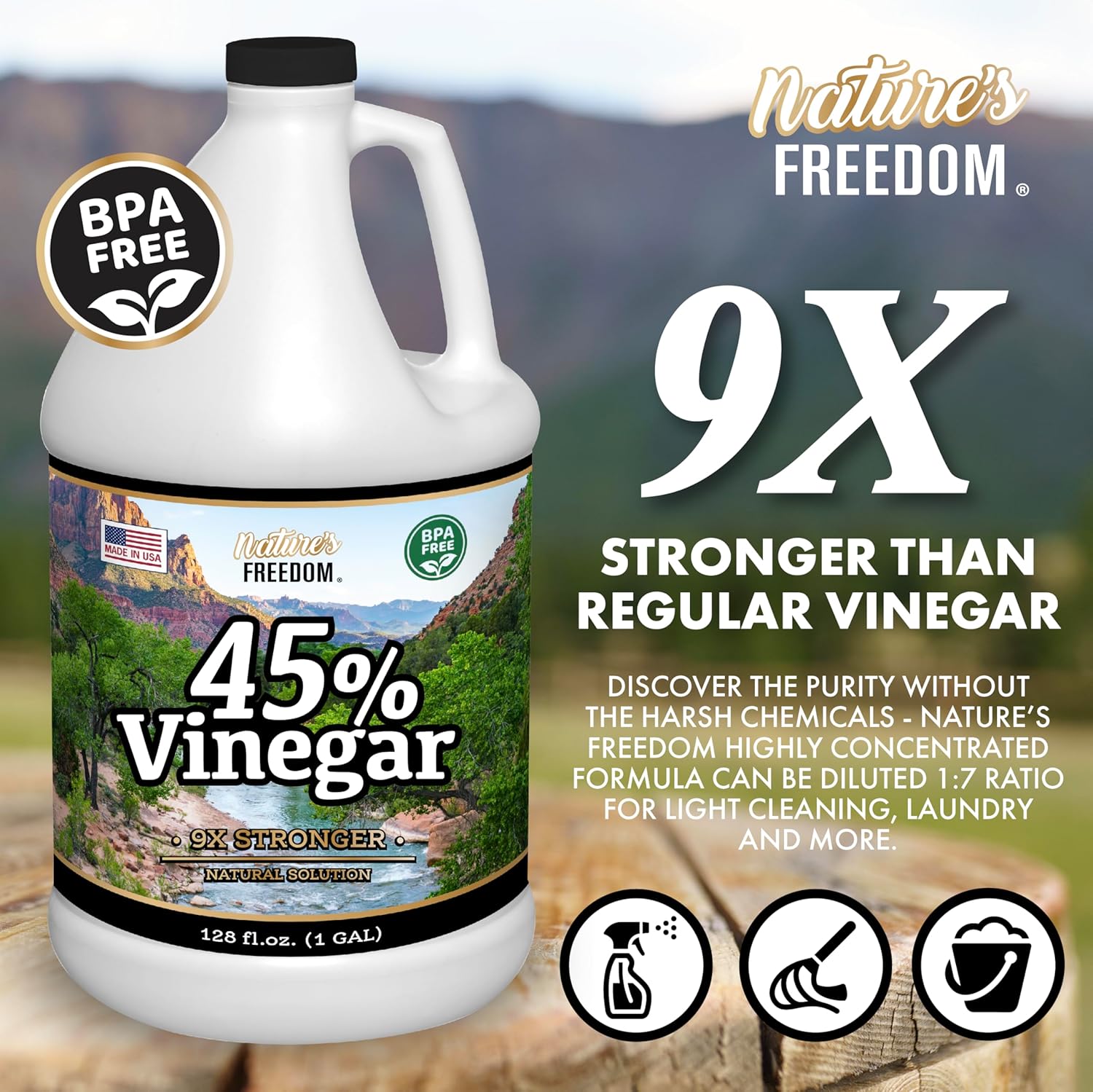 Nature's Freedom 45% Concentrated Vinegar, 4 Gallons - Dilutes to 36 Gallons - 9x Strength Multi-Purpose Solution