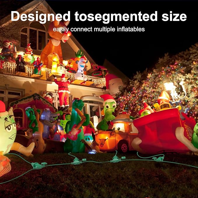 25FT Long Green Extension Cord 3 Outlets for Christmas Inflatables Blow Ups Yard Outdoor Outside Decorations Extension Cords with Multiple Outlets Plugs Cover Splitter Waterproof for Christmas Lights