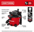 CRAFTSMAN CMXEVBE17607 16 Gallon 6.5 Peak HP Wet/Dry Shop Vac with Detachable Leaf Blower, Portable Shop Vacuum Wet and Dry with Filter, Dust Bag, Hose and Attachments for Garage, Outdoor Cleaning