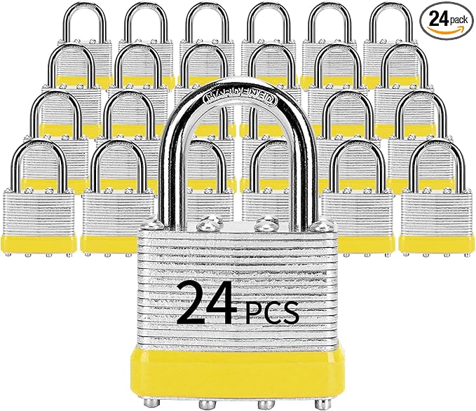Padlocks with Same Key, LQYN 24 Pcs Laminated Keyed Padlock (1-9/16", 40mm), Keyed Alike Locks, Normal Shackle, for Storage Locker, Hasp Latch, Toolbox, Sheds