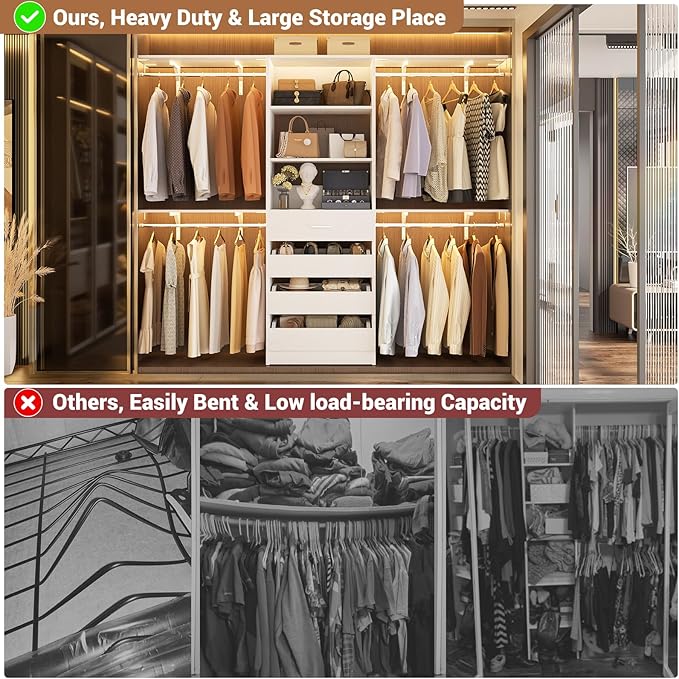 Aheaplus Closet System with Drawers, Wood Closet Organizer System with 4 Hanging Rods & Top Shelves, Walk-in Closets Organizer Wardrobe Clothes Rack System, Cut Fits Spaces 4-9FT. Wide, White