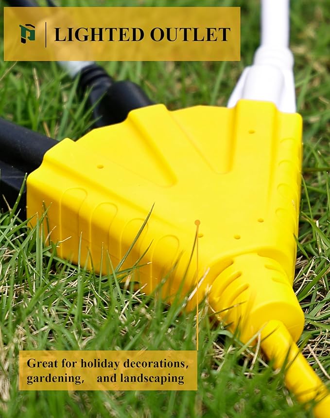 PLUGTUL 50FT Outdoor Extension Cord with Multiple Outlets, 14 Gauge, 3-Outlet, SJTW, 15A 14AWG 1875W SJTW, ETL Listed - Great for Garage, Garden and Home, Yellow