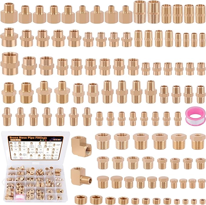 111Pcs Hose Pipe Fitting Assortment Kit, NPT Adapter, Reducer Bushing, Hex Nipple, Close Nipple, Reducing Hex Coupling, 90°Street Elbow, 90°Elbow, Hex Plugs, Hex Thread Plug, Cross Fitting